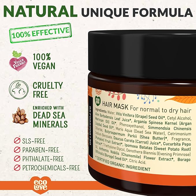 ecoLove Hair Mask for Dry, Damaged, and Curly Hair - Deep Conditioning Treatment with Carrot and Pumpkin Extract, SLS & Paraben-Free, Vegan and Cruelty-Free - 11.8 oz