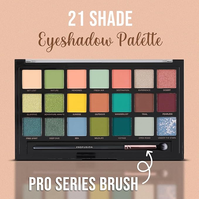 Profusion Cosmetics 21 Shades Eyeshadow Palette with Brush – Blendable Matte, Shimmer & Metallic Shades in Bold Neutrals and Vibrant Hues, Travel-Friendly Makeup Kit for Women & Teens