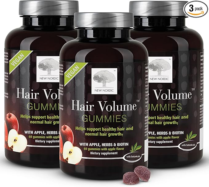 NEW NORDIC Hair Volume Gummies, 2500 mcg Biotin, Daily Hair Vitamins Supplement to Support Hair Skin & Nails, Vegan, 60 Count (Pack of 3)