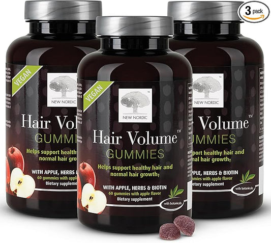NEW NORDIC Hair Volume Gummies, 2500 mcg Biotin, Daily Hair Vitamins Supplement to Support Hair Skin & Nails, Vegan, 60 Count (Pack of 3)