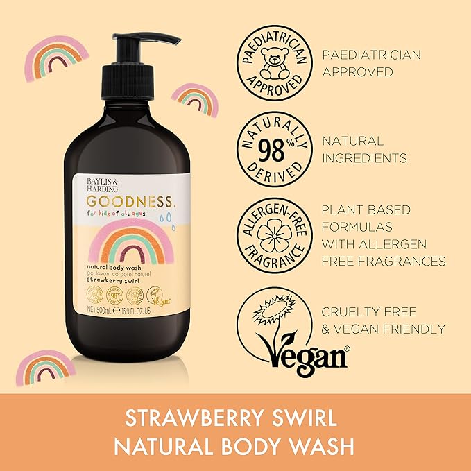 Baylis & Harding Goodness Kids Strawberry Swirl Natural Body Wash 16.9 fl. oz (Pack of 3) - Biodegradable Formula - Vegan Friendly