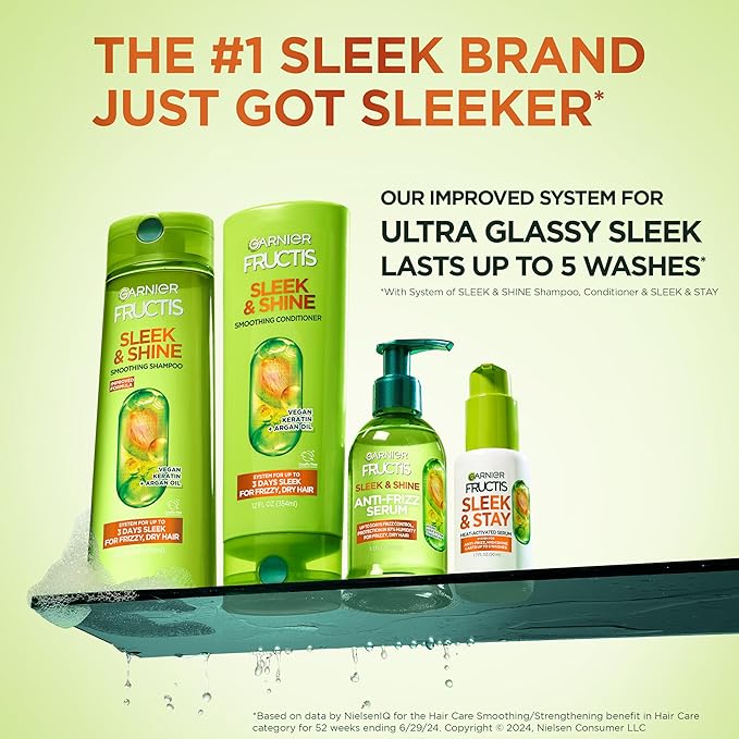 Garnier Fructis Sleek & Shine Conditioner, Smoothing Conditioner for Frizzy, Dry Hair with Argan Oil and Vegan Keratin, 33.8 Fl Oz (Packaging May Vary)