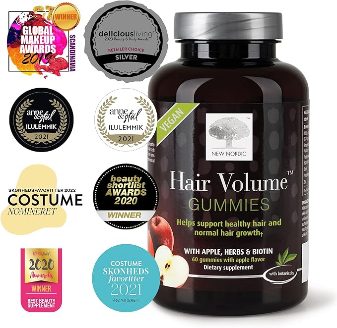 NEW NORDIC Hair Volume Gummies, 2500 mcg Biotin, Daily Hair Vitamins Supplement to Support Hair Skin & Nails, Vegan, 60 Count (Pack of 3)