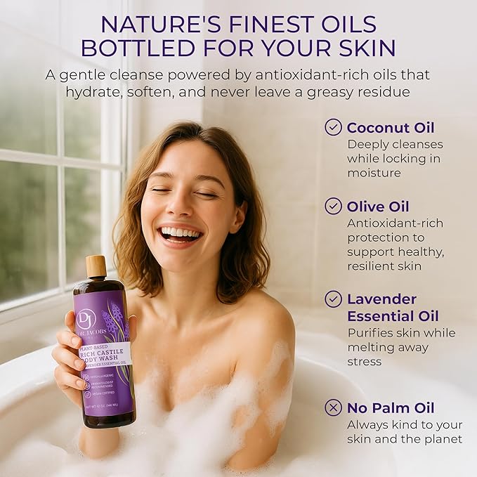 Dr. Jacobs Naturals Pure Castile Soap Liquid Body Wash, Lavender - Plant Based Soap Infused with Vitamin E and Aloe Vera to Moisturize Dry and Sensitive Skin - Made in The USA - 32 oz, Pack of 2