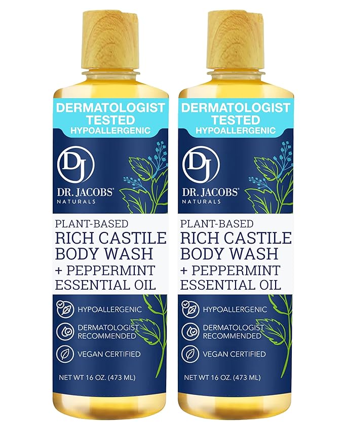Dr. Jacobs Naturals Pure Castile Soap Liquid Body Wash, Peppermint - Plant Based Soap Infused with Vitamin E and Aloe Vera to Moisturize Dry and Sensitive Skin - Made in The USA - 16 oz, Pack of 2