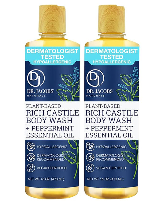 Dr. Jacobs Naturals Pure Castile Soap Liquid Body Wash, Peppermint - Plant Based Soap Infused with Vitamin E and Aloe Vera to Moisturize Dry and Sensitive Skin - Made in The USA - 16 oz, Pack of 2