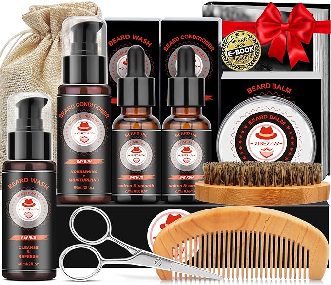 XIKEZAN Dad Birthday Gifts, Beard Care Kit with Bay Rum Beard Oils,Balm,Wash, Conditioner,Brush,Comb,Scissors,Valentines Fathers Mens Christmas Stocking Stuffers Gifts for Men Him Husband Boyfriend