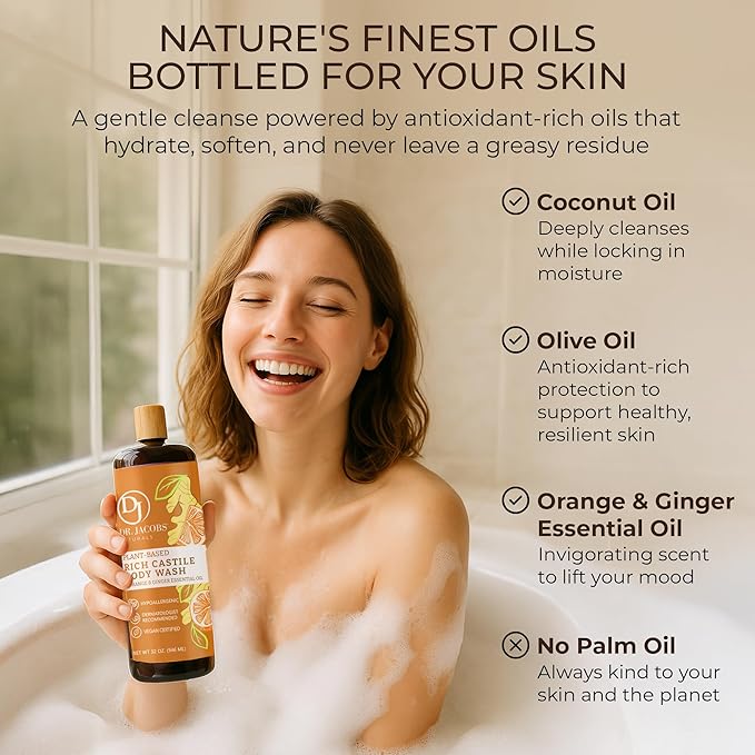 Dr. Jacobs Naturals Pure Castile Soap Liquid Body Wash, Orange & Ginger - Plant Based Soap Infused with Vitamin E & Aloe Vera to Moisturize Dry and Sensitive Skin - Made in The USA - 16 oz