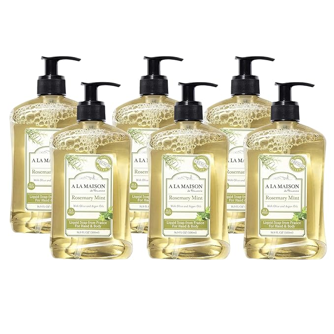 A LA MAISON Rosemary Mint French Liquid Hand Soap - Natural Hand Wash Made with Essential Oils - Biodegradable, Plant-Based, Vegan, Cruelty-Free, Alcohol & Paraben Free (16.9 oz, 6 Pack)