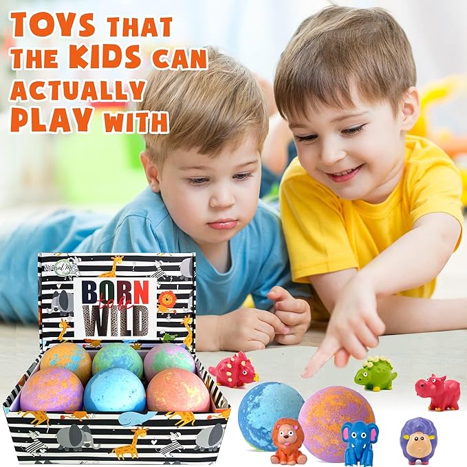Bath Bombs for Kids with Surprise Inside - Organic Bath Fizzies with Toys Inside. All Natural, Gentle, and Kids Safe, Rainbow Spa Bath Fizz Balls, Easter Basket Essentials for Boys, Toddlers, Baby