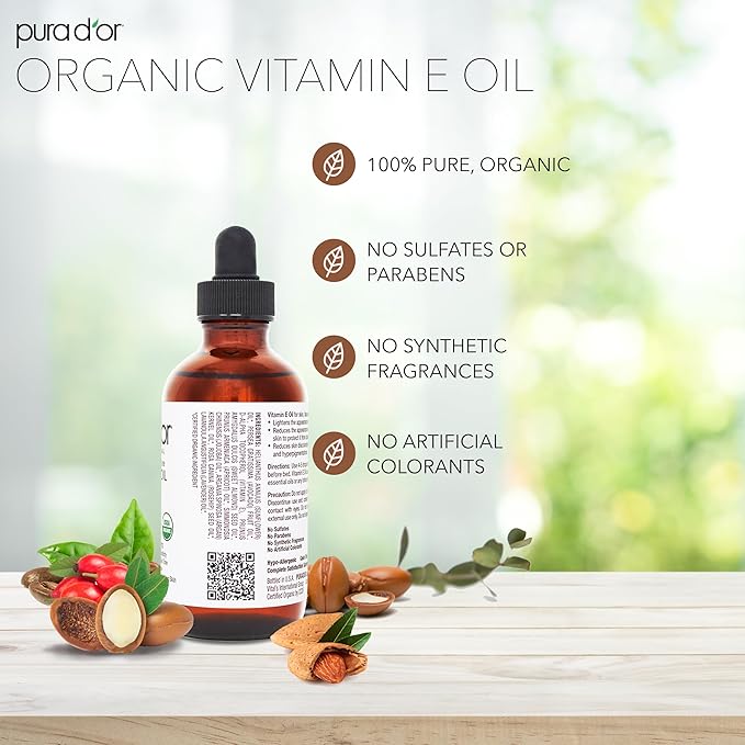 PURA D'OR 4 Oz Organic Vitamin E Oil 70,000 IU, USDA Certified Face, Body, Hair & Bath Oil with Argan, Jojoba, Rosehip, Apricot, Almond & Avocado, Lightweight Moisturizing Blend for Soft, Smooth Skin
