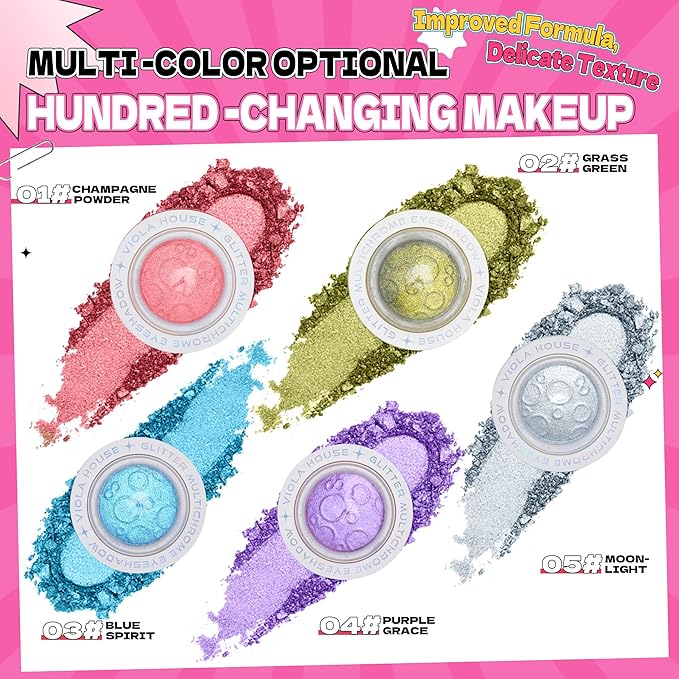 VIOLA HOUSE Glitter Eyeshadow Palette, Holographic Shimmer Eye Shadow,Multichrome Metallic Eye Makeup Pigment, Vegan & Cruelty-Free, Long-Lasting, Unique Planet Design3g/0.1oz(Red Pink)