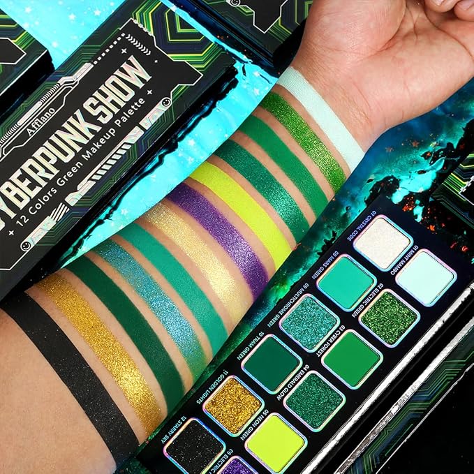 Green Eyeshadow Makeup Palette, 12 Colors Wicked Green Glitter Holographic Eyeshadow with Matte Shimmer for Brown Eyes, Pigmented Silky Long Lasting Purple Gold Eye Shadow for Carnival, Party, Vegan