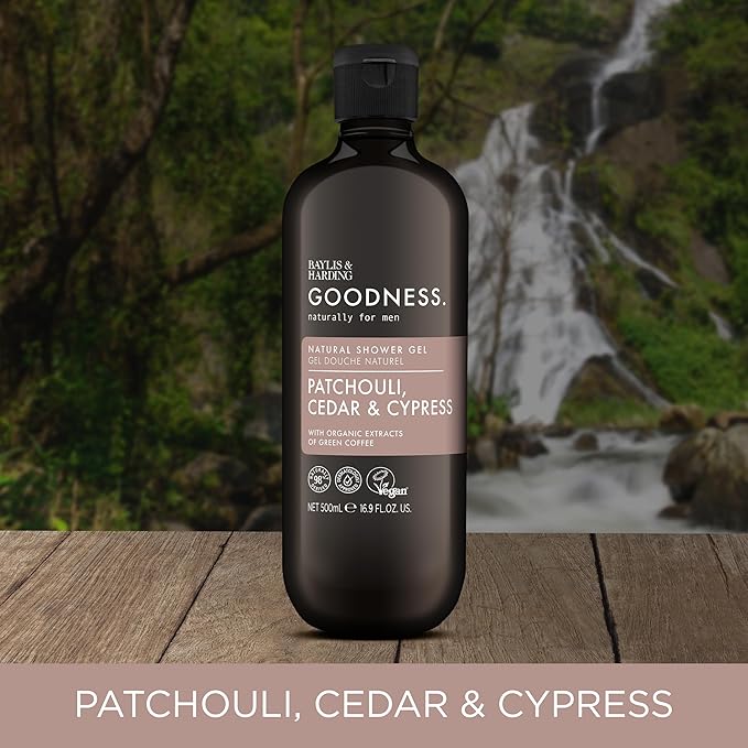 Baylis & Harding Goodness Men's Patchouli, Cedar & Cypress Natural Body Wash, 16.9 fl. oz (Pack of 3) - Biodegradable Formula - Vegan Friendly