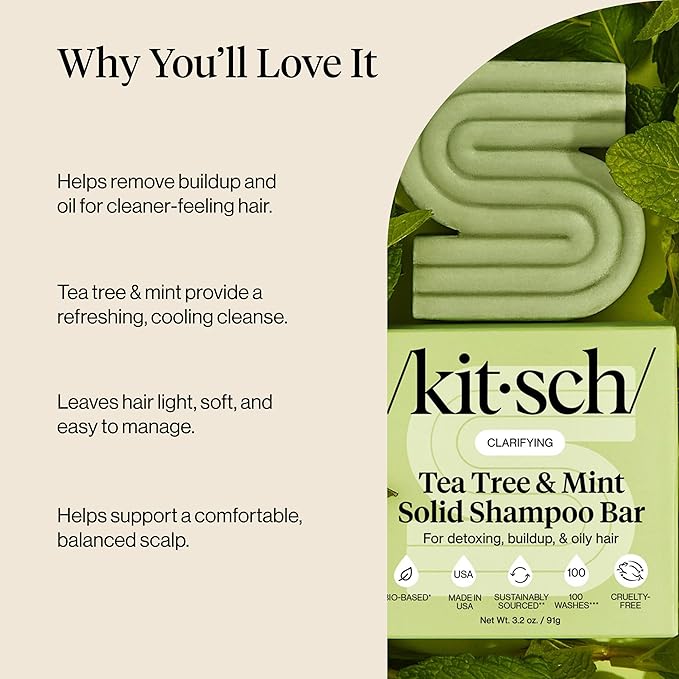 Kitsch Clarifying Tea Tree & Mint Shampoo Bar - Tea Tree Shampoo for Build-Up Removal - Hair Shampoo Bar for Scalp & Oil Control - Vegan Hair Care, Made in USA, 3.2 oz