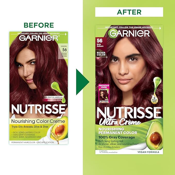 Garnier Nutrisse Ultra Crème Hair Color, Permanent Hair Dye with 100% Gray Coverage, Vegan & Cruelty-Free, 56 Rich Auburn (Sangria), 2 Count