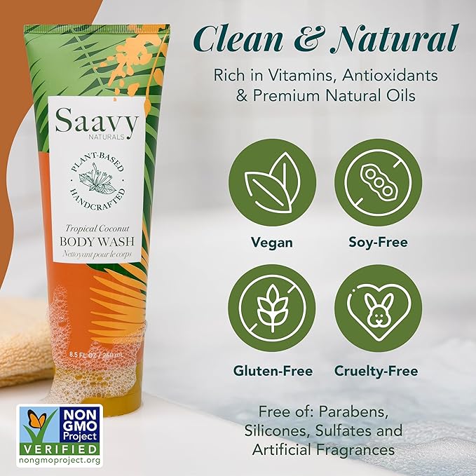 Saavy Naturals Moisturizing Body Wash for Sensitive Skin – Plant-Based & Pure with Coconut Oil, Shea Butter & Aloe Vera – Paraben-Free, Cruelty-Free – Tropical Coconut – 8.5 fl oz, 2 pack