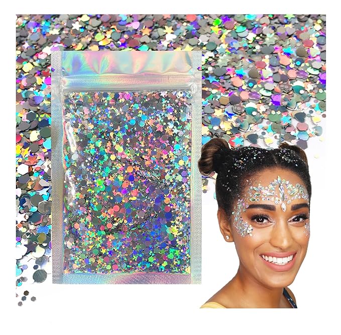 Holographic Silver - Face & Body Glitter - Chunky Glitter - Uses Include: Holidays, Cheerleading, Festival, Rave, Hair, Makeup, Face, Body, Nails, Resin, Arts & Crafts, Resin, Tumblers, Bath Bombs