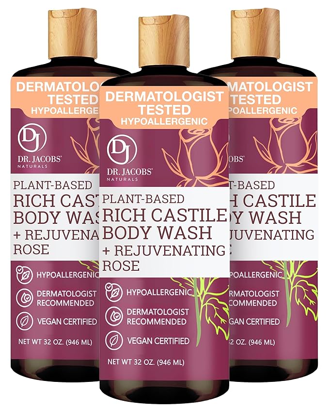 Dr. Jacobs Naturals Pure Castile Soap Liquid Body Wash, Rose - Plant Based Body Soap Infused with Vitamin E and Aloe Vera to Moisturize Dry and Sensitive Skin - Made in The USA - 32 oz, Pack of 3