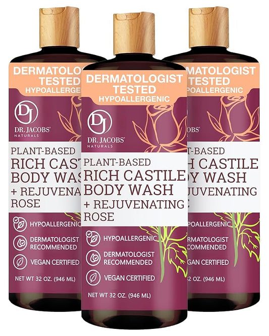 Dr. Jacobs Naturals Pure Castile Soap Liquid Body Wash, Rose - Plant Based Body Soap Infused with Vitamin E and Aloe Vera to Moisturize Dry and Sensitive Skin - Made in The USA - 32 oz, Pack of 3