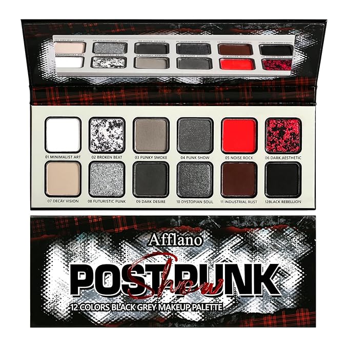 Black Gray Red Goth Makeup Palette, High Pigmented Grey Silver Brown Matte Shimmer Smokey Eyeshadow Palette, 12 Color Long Last Dark Emo Grunge Vampire Eye Shadow for Daily & Halloween Clown,Blendable
