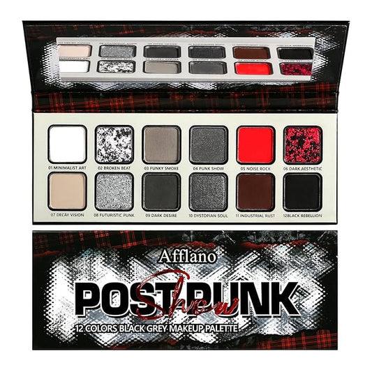 Black Gray Red Goth Makeup Palette, High Pigmented Grey Silver Brown Matte Shimmer Smokey Eyeshadow Palette, 12 Color Long Last Dark Emo Grunge Vampire Eye Shadow for Daily & Halloween Clown,Blendable