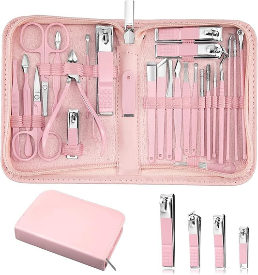 26-Piece Professional Manicure Set，Features Stainless Steel Tools, Carbon Steel Clippers & Travel Case for Women's Home and Travel Grooming，Luxury Nail Care Gift for Her(Pink)