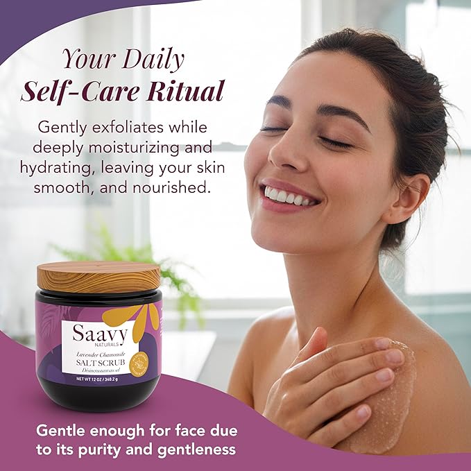 Saavy Naturals Body Scrub - Scented Salt Lavender Extract, Natural Body Scrub & Vegan Exfoliating with Vitamin E, Gentle for Sensitive Skin – Made in USA – Lavender Chamomile (1 Pack) - 12 oz