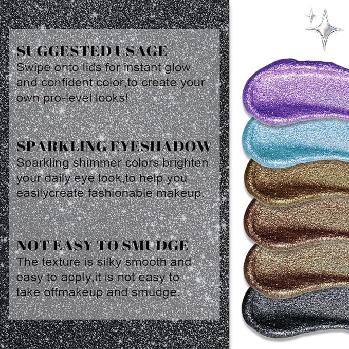 SUAKE Liquid Sparkling Glitter Eyeshadow Stick Pack - High Pigment Shimmer Metallic Eye Shadow, Long-Lasting, White Blue Black Gold Purple Bold Colors,Quicking-Dry (7#-12#, Pack of 6)
