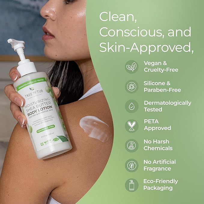 Tree to Tub Unscented Shea Butter Body Lotion for Dry Skin - Fragrance Free Lotion,Vegan Body Moisturizer, Good for Sensitive Skin for both Women & Men 2 Pack