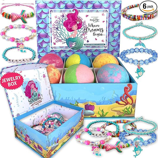 Bath Bombs for Kids w/Surprise Inside, Mermaid Bath Bombs for Girls with Jewelry & Jewelry Box for Kids Organic, Skin Moisturizing, Natural Bubble Birthday Gift Easter Basket Essentials for Boy Girls