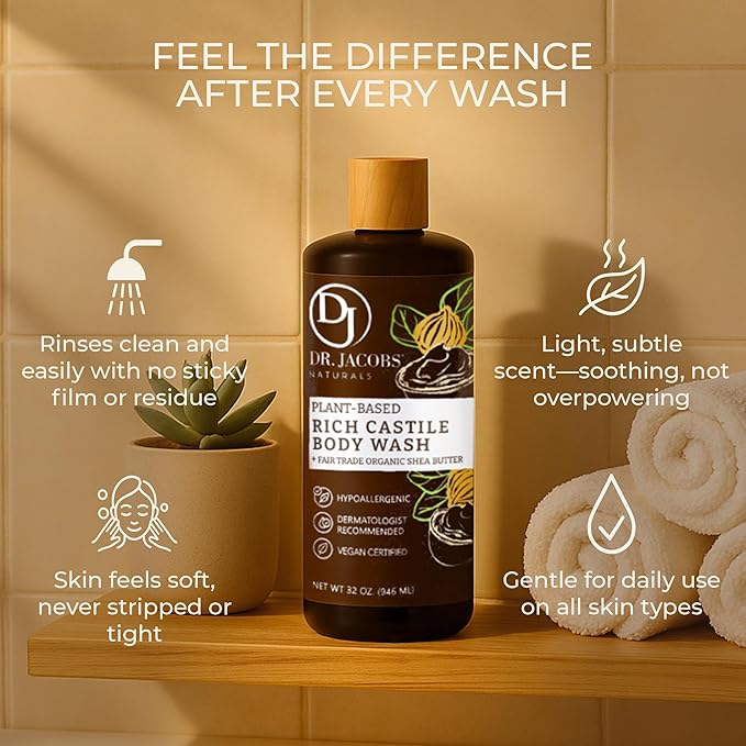 Dr. Jacobs Naturals Pure Castile Soap Liquid Body Wash, Shea Butter - Plant Based Soap Infused with Vitamin E and Aloe Vera to Moisturize Dry and Sensitive Skin - Made in the USA - 32 oz, Pack of 2