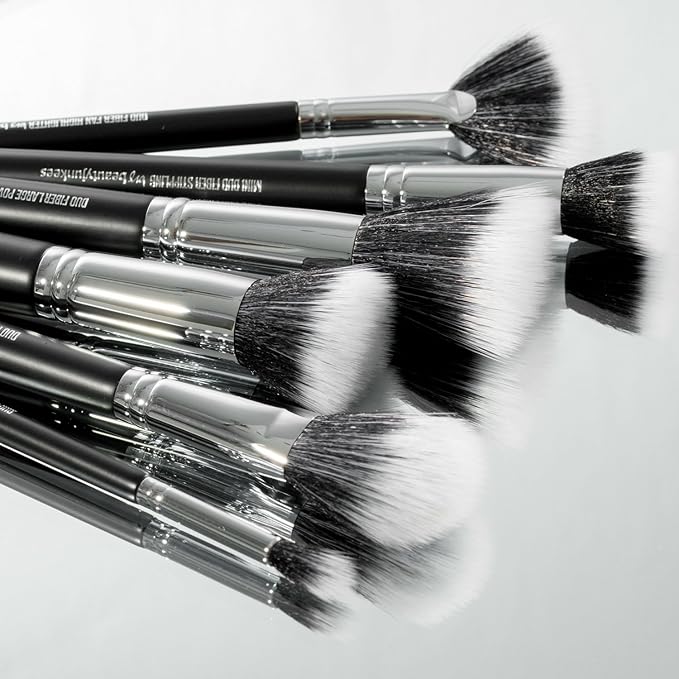 Duo Fiber Makeup Brush Set - Beauty Junkees 6pc Professional Make Up Brushes with Case, Foundation, Concealer, Blush, Bronzer Contour, Fan Highlighter, Eyeshadow, Powder Cosmetics, Vegan Cruelty Free