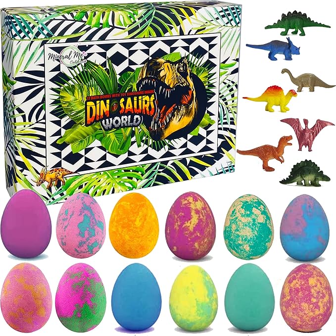 Bath Bombs for Kids with Surprise Inside - 12 Dinosaur Bath Bombs with Toys, Organic Colorful Bubble Bath Fizzies, Dino Egg Bath Bomb w/Rich Bubbles, Easter Basket Essentials for Kids, Boys, Girls