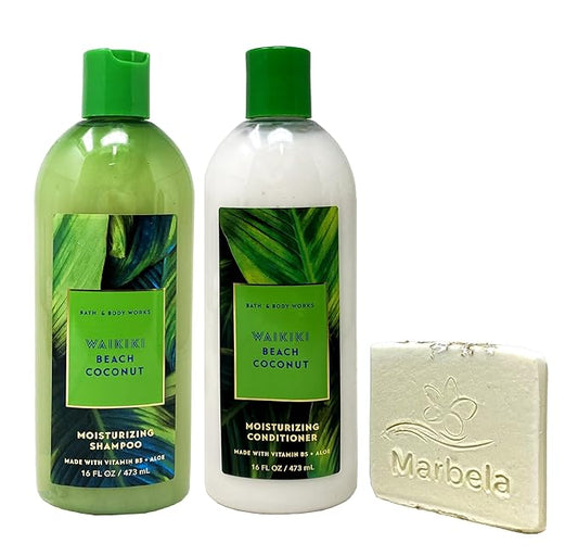 Bath & Body Works Waikiki Beach Coconut Shampoo and Conditioner Gift Set with a Natural Oats Sample Soap