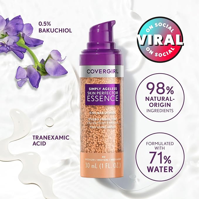 CoverGirl Simply Ageless 65 Tan-Rich Liquid Foundation Bundle with Blending Brush, Lightweight Vegan Formula for Dry Skin, 1oz