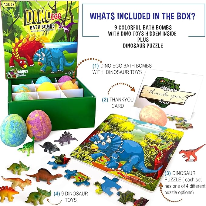 Bath Bombs for Kids with Surprise Toys Inside Plus Dinosaur Puzzle - Set of 9 Organic Dino Egg Bath Bombs with Rich Bubbles, Easter Basket Essentials