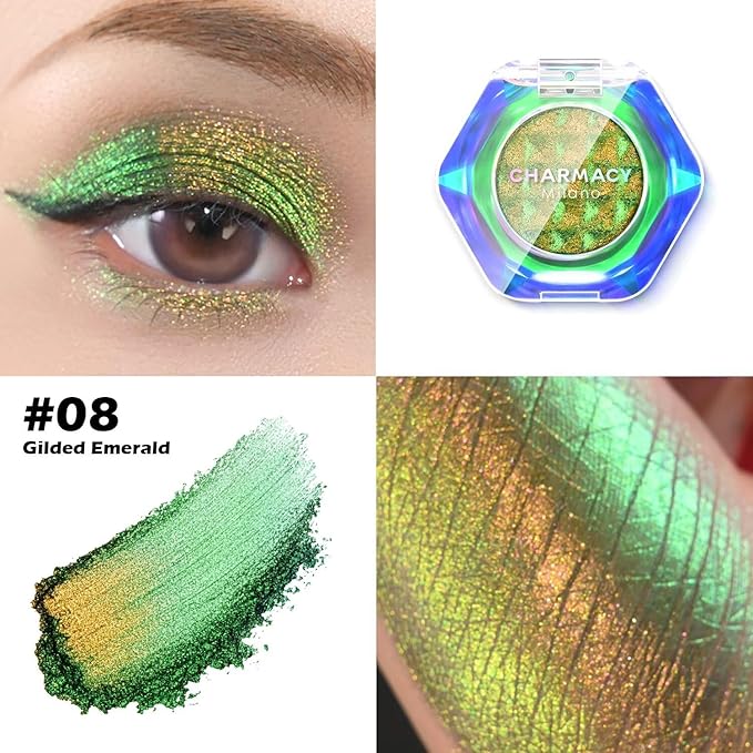 CHARMACY Multichrome Glitter Eyeshadow, Intense Pigmentation Chameleon Sparkling Eyeshadow, Bright Highlighter Duochrome Eye Make Up, Multi-Reflective Finishes Glitter Metallic Eye Makeup #08