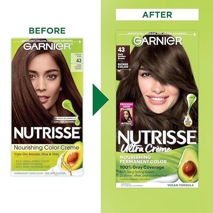 Garnier Nutrisse Ultra Crème Hair Color, Permanent Hair Dye with 100% Gray Coverage, Vegan & Cruelty-Free, 43 Dark Golden Brown (Cocoa Bean), 1 Count
