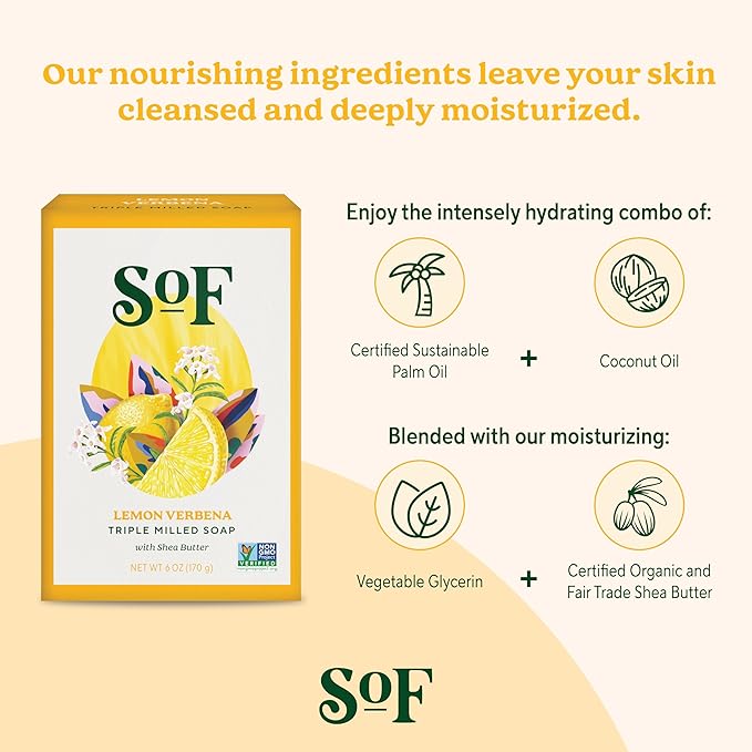 SoF Triple Milled Bar Soap - With Coconut Oil & Organic Shea Butter- Vegan & Non GMO- Free From Phthalates, Sulfates & Parabens- Lemon Verbena - 6 oz Bar 6 Bars