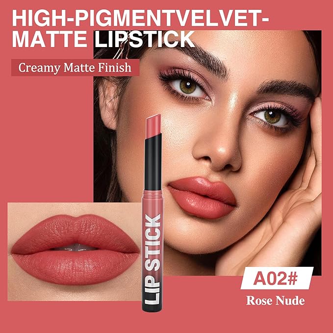 Rose Peach Nude Lipstick for Women，Matte Velvet Satin Lipsticks，Hydrate Lip stick Non-Drying Long Lasting Lip Stain Daily Makeup，Creamy Silky Texture，Highly pigment Formula，Vegan & Cruelty-Free，A02#