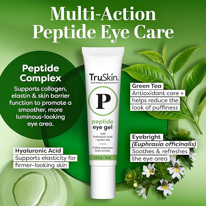 TruSkin Peptide Eye Cream Gel for Dark Circles & Fine Lines - Lightweight Under Eye Gel with Peptides & Hyaluronic Acid - Hydrating & Smoothing Eye Care for Tired-Looking Eyes, 0.5 Fl Oz