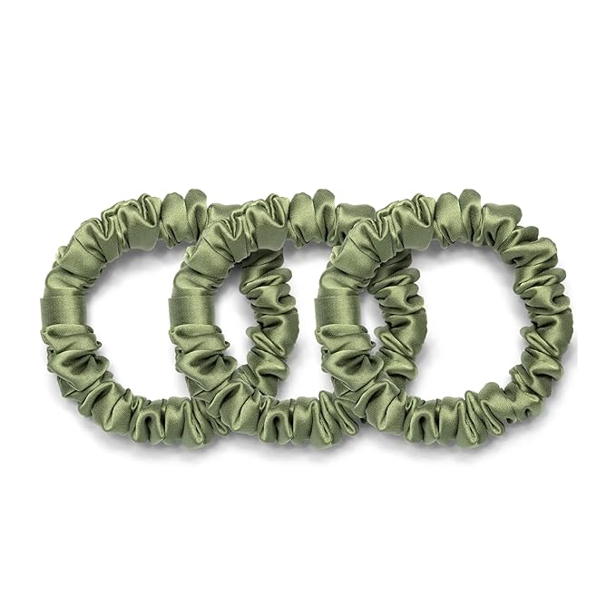 Rizos Curls Vegan Silk Mini Scrunchie - Gente Hold For No Crease and Breakage Protection, Damage & Frizz Free Hair Tie, 3-Pack, Sage Green