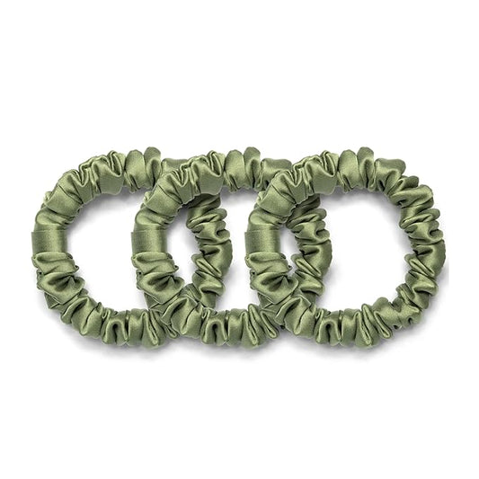 Rizos Curls Vegan Silk Mini Scrunchie - Gente Hold For No Crease and Breakage Protection, Damage & Frizz Free Hair Tie, 3-Pack, Sage Green