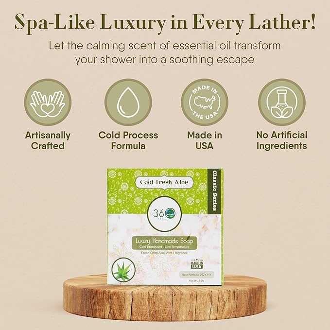 360Feel Cool Fresh Aloe Soap - Made in The USA - Castile Handmade, All-Natural Cold-Processed - Infused with Aloe Vera for Refreshing Cleanse and Creamy Rich Lather (5 oz)