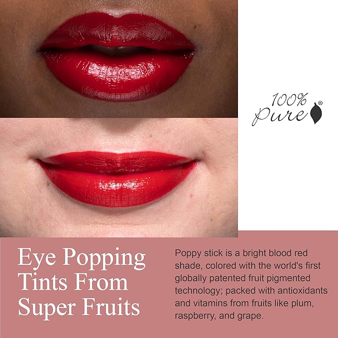 100% PURE Pomegranate Oil Anti-Aging Lipstick Long Lasting, Vibrant Makeup - Moisturizing Cocoa Butter Satin Finish - Vegan Fruit Pigmented Poppy Color (Bright Blood Red) - 0.15 oz