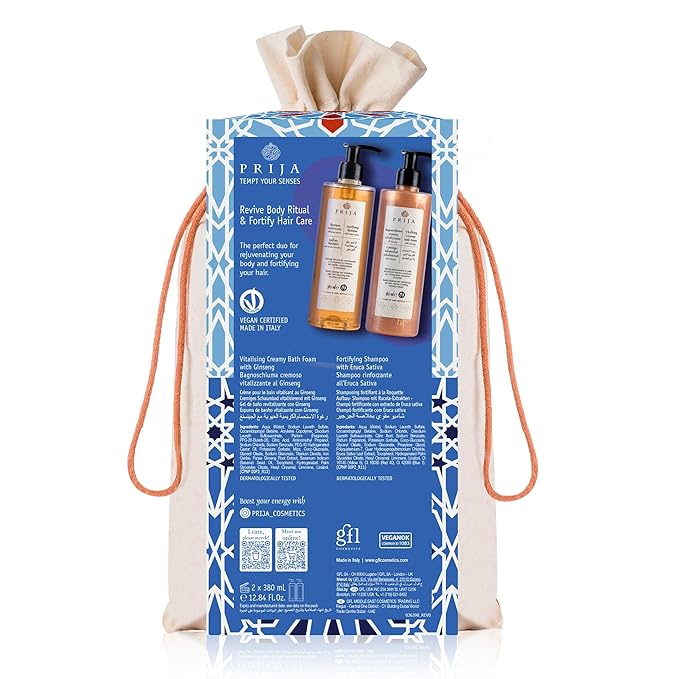 Prija Hair and Body Gift Pack (Includes Vitalizing Creamy Bath Foam with Ginseng and Fortifying Shampoo with Eruca Sativa) - Vegan Friendly - Dermatologically Tested - Made with 100% Recycled Bottle