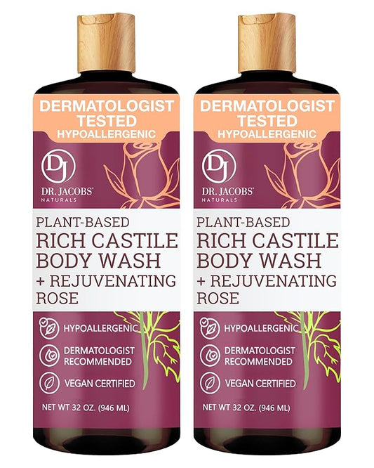 Dr. Jacobs Naturals Pure Castile Soap Liquid Body Wash, Rose - Plant Based Body Soap Infused with Vitamin E and Aloe Vera to Moisturize Dry and Sensitive Skin - Made in The USA - 32 oz, Pack of 2