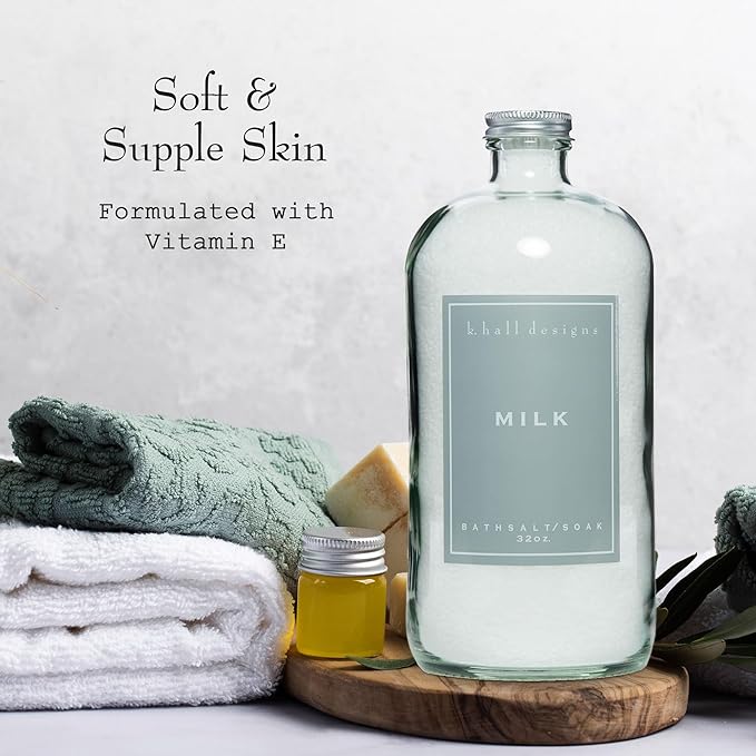 K. Hall Designs Milk Bath Salt Soak with Vitamin E, Creamy-Sweet Scent with Coconut & Vanilla, Relaxing Bath Products for Women & Men, 32 oz