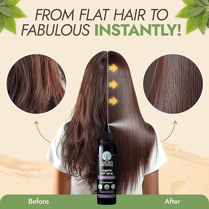 Nature's Brands Organic Hair Spray, 8 Oz - Biotin-Enriched Non Toxic Hairspray with Green Tea, Sage & Geranium Oil for Long-Lasting Hold, Shine, Frizz Control, and Volume Boost - Paraben-Free, Vegan